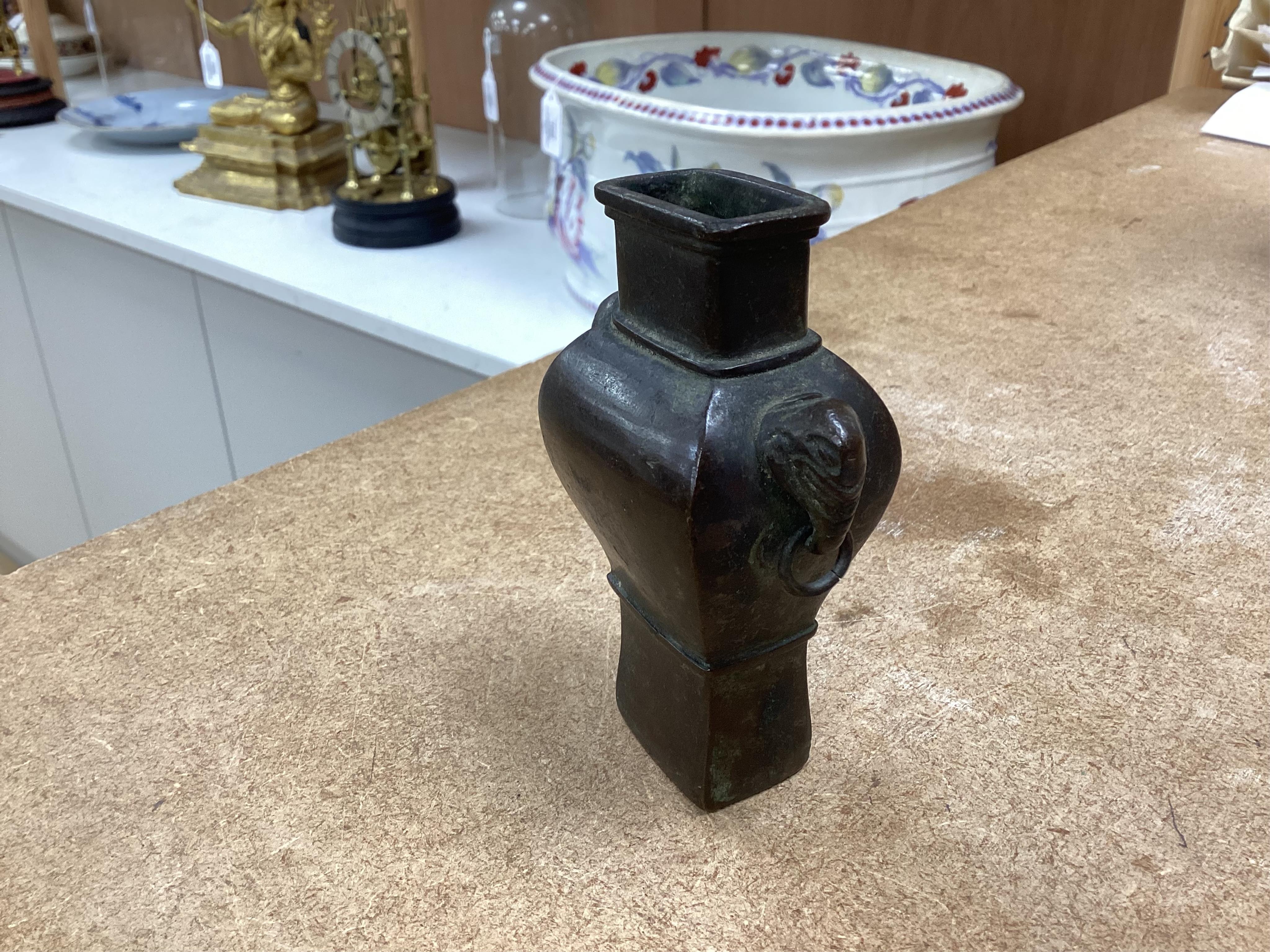 A Chinese bronze small vase, 19th century, rose quartz-14cm and Kyanite specimens, a soapstone seal and a glass snuff bottle